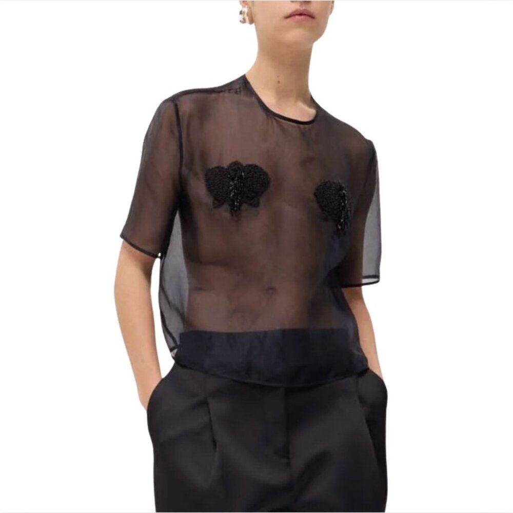 Harris Tapper Ophelia Tee Black Organza Beaded Top NWT $417 Sz 2